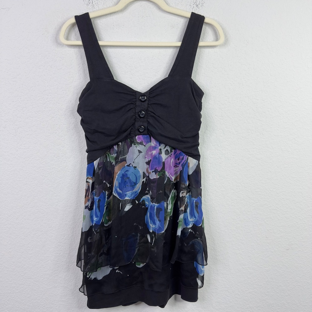 American Rag Shirt L Black Floral Chiffon Tiered Whimsigoth Dark Romantic Y2K